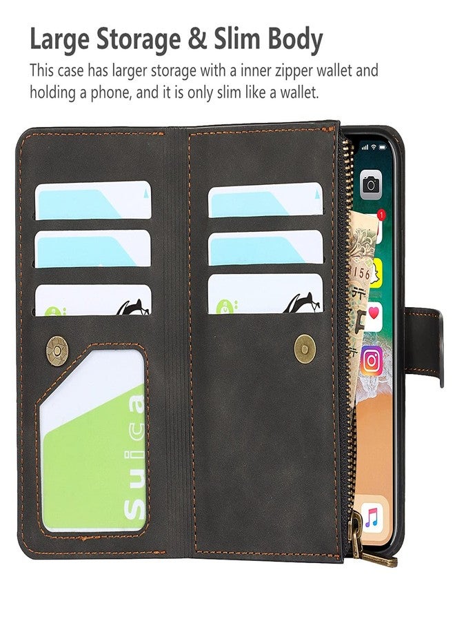 iCoverCase for iPhone X/XS Wallet Case with Card Holder and Wrist Strap, PU Leather Kickstand Card Slots Zipper Pocket Magnetic [Detachable] Flip Cover Case 5.8 Inch (Black) - Image 3