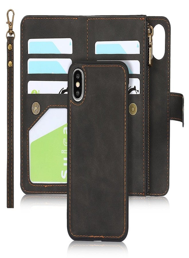 iCoverCase for iPhone X/XS Wallet Case with Card Holder and Wrist Strap, PU Leather Kickstand Card Slots Zipper Pocket Magnetic [Detachable] Flip Cover Case 5.8 Inch (Black) - Image 1