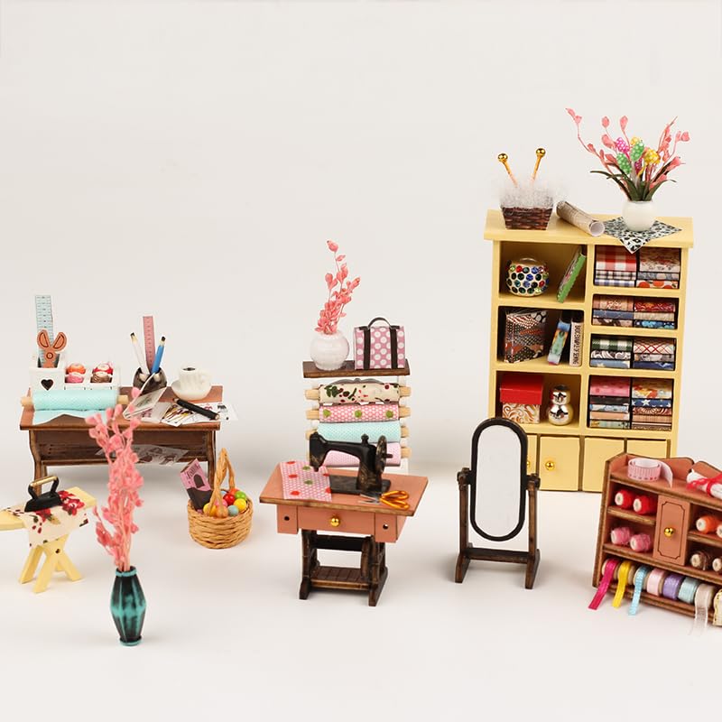 FLYNOVA DIY Miniature House Kit,Tailor Shop Dollhouse Miniature Kit with LED & Furniture,Mini Diorama House Building Kit for Adults,3D Wooden Craft Tiny House Mini Model Kit,Home Decor Family Birthday Gifts - Image 3