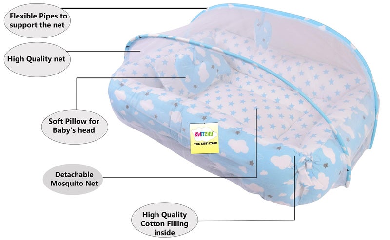 Kwitchy Baby Bedding Set New Born Baby Bed | Mattress | Luxury | Mosquito Net | Reversible | Cotton | Infant | Toddler | Boys & Girls (0-12 Months) (Blue) - Image 2