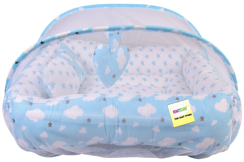 Kwitchy Baby Bedding Set New Born Baby Bed | Mattress | Luxury | Mosquito Net | Reversible | Cotton | Infant | Toddler | Boys & Girls (0-12 Months) (Blue) - Image 1