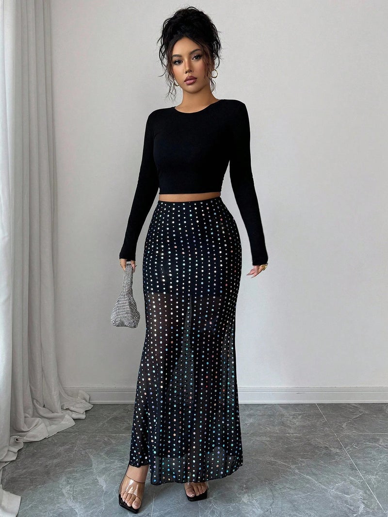 2026 Sequined Layered Mesh High Waist Bodycon Midi Skirt - Image 2