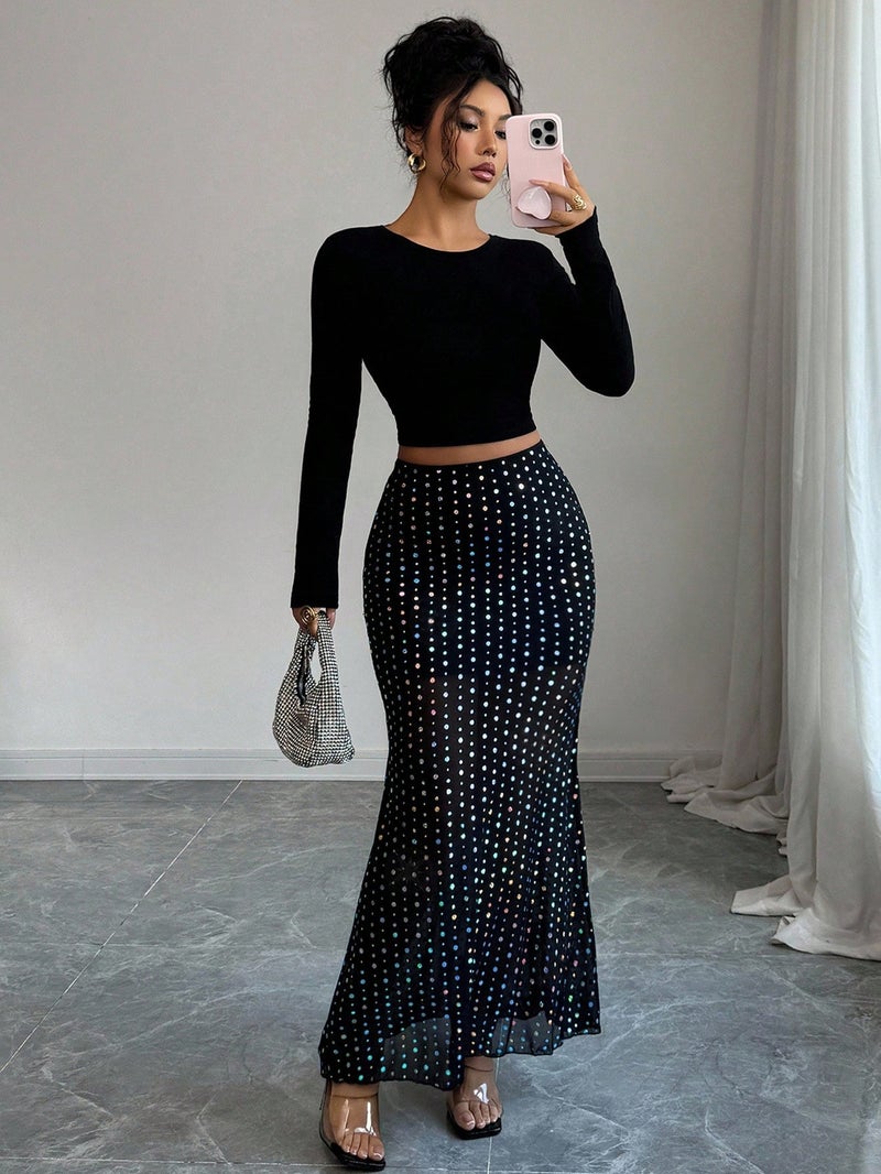 2026 Sequined Layered Mesh High Waist Bodycon Midi Skirt - Image 4