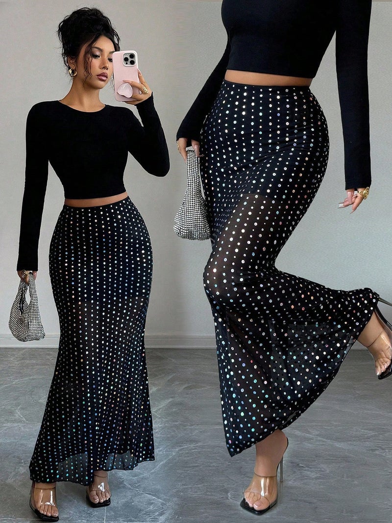 2026 Sequined Layered Mesh High Waist Bodycon Midi Skirt - Image 3