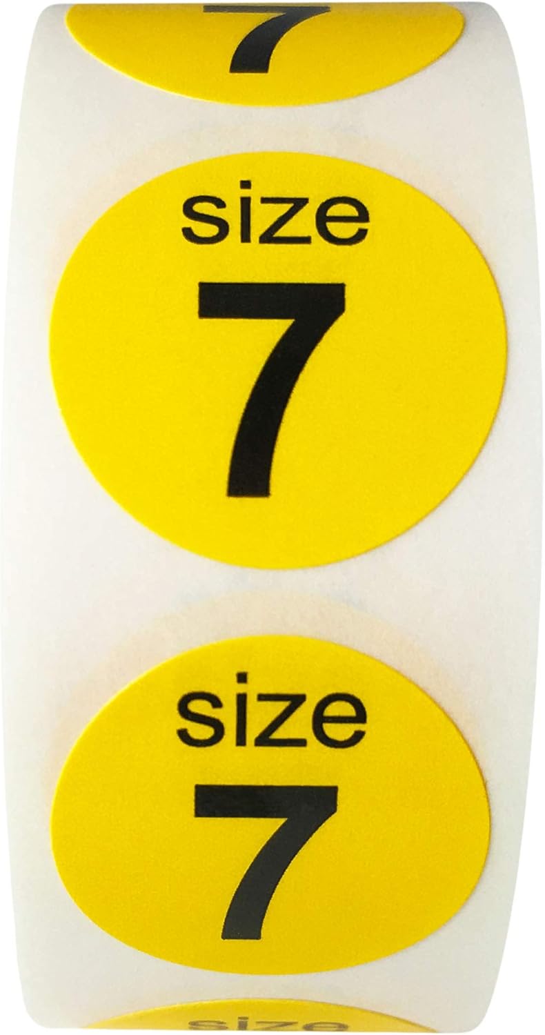 InStockLabels.com Shoe Size 7 Yellow Stickers for Retail Clothing – 3/4 Inch Round, 500 Semi-Gloss Adhesive Labels Per Roll for Footwear Inventory, Organization, and Display – Made in The USA - Image 1