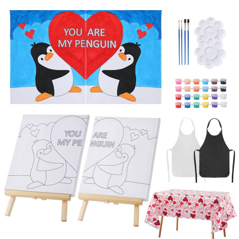 Beeplove Valentines Paint and Sip Kit for Adults Couples - Date Night Pre Drawn Canvas Painting, Romantic Valentines' Day Penguin Gifts for Her Him Anniversary, 2 Pack, 7.7'' x 9.6'' - Image 1