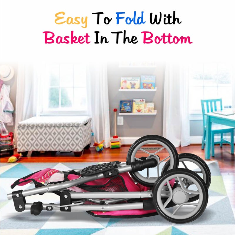 Fash N Kolor - Baby Doll Stroller with Adjustable Canopy & Toy Storage Basket - Foldable Baby Stroller for Pretend Play - Denim Pink, - Image 4
