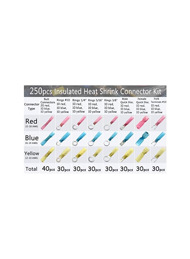 Heat Shrink Waterproof Wire Connectors, Waterproof Automotive Marine Electrical Terminals Kit, Crimp Connector Assortment, Ring Fork Hook Spade Butt Splices, 250PCS