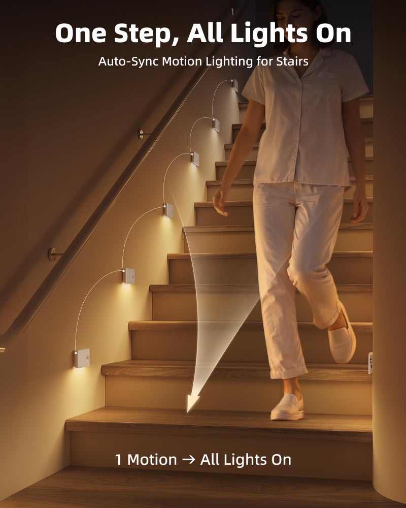 EZVALO 6 Pack Motion Sensor Night Lights with Charging Station, Sync LED Stair Lights Indoor, 1500mAh Rechargeable, Magnetic & Dimmable, 3000K Soft White, Portable Nightlight for Hallway, Stairs - Image 2