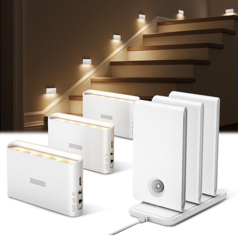 EZVALO 6 Pack Motion Sensor Night Lights with Charging Station, Sync LED Stair Lights Indoor, 1500mAh Rechargeable, Magnetic & Dimmable, 3000K Soft White, Portable Nightlight for Hallway, Stairs - Image 1