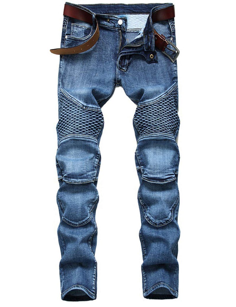 DSDZ Mens Streetwear Patchwork Pleated Stretch Ripped Biker Jeans Denim Pants Blue1 34