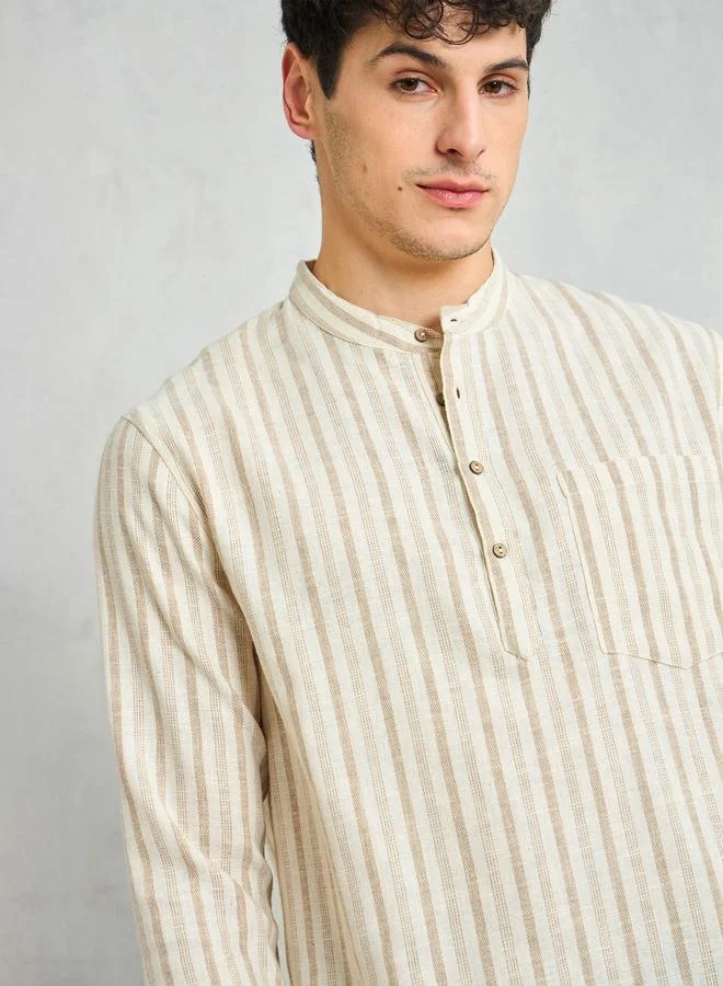 SASSAFRAS Sassafras Beige Striped Relaxed Fit Kurta Shirt