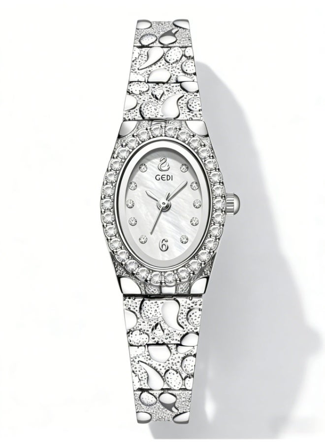 GEDI Elegant Women's Silver Watch - Oval Crystal Diamond Bezel Mother-of-Pearl Dial Wristwatch, Luxury Stainless Steel Bracelet Watch for Ladies - Image 1