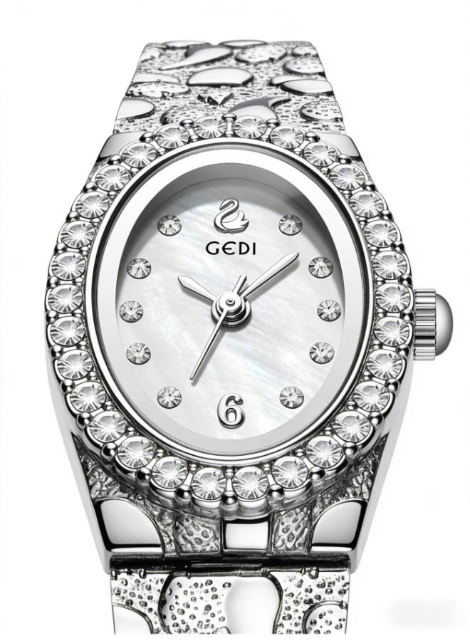 GEDI Elegant Women's Silver Watch - Oval Crystal Diamond Bezel Mother-of-Pearl Dial Wristwatch, Luxury Stainless Steel Bracelet Watch for Ladies - Image 2