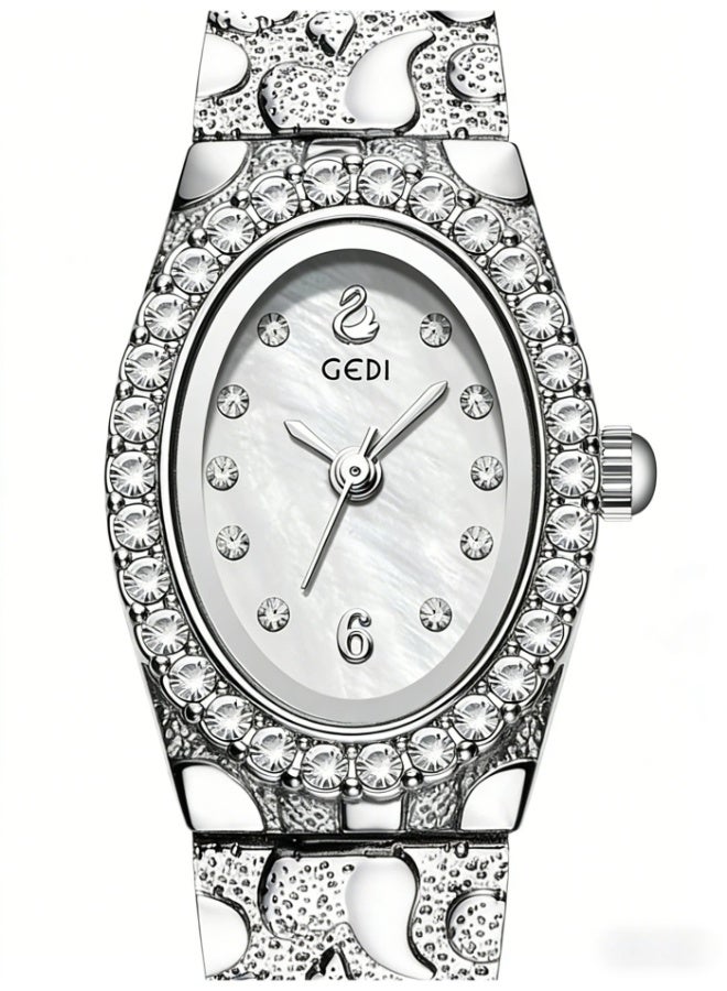 GEDI Elegant Women's Silver Watch - Oval Crystal Diamond Bezel Mother-of-Pearl Dial Wristwatch, Luxury Stainless Steel Bracelet Watch for Ladies - Image 3
