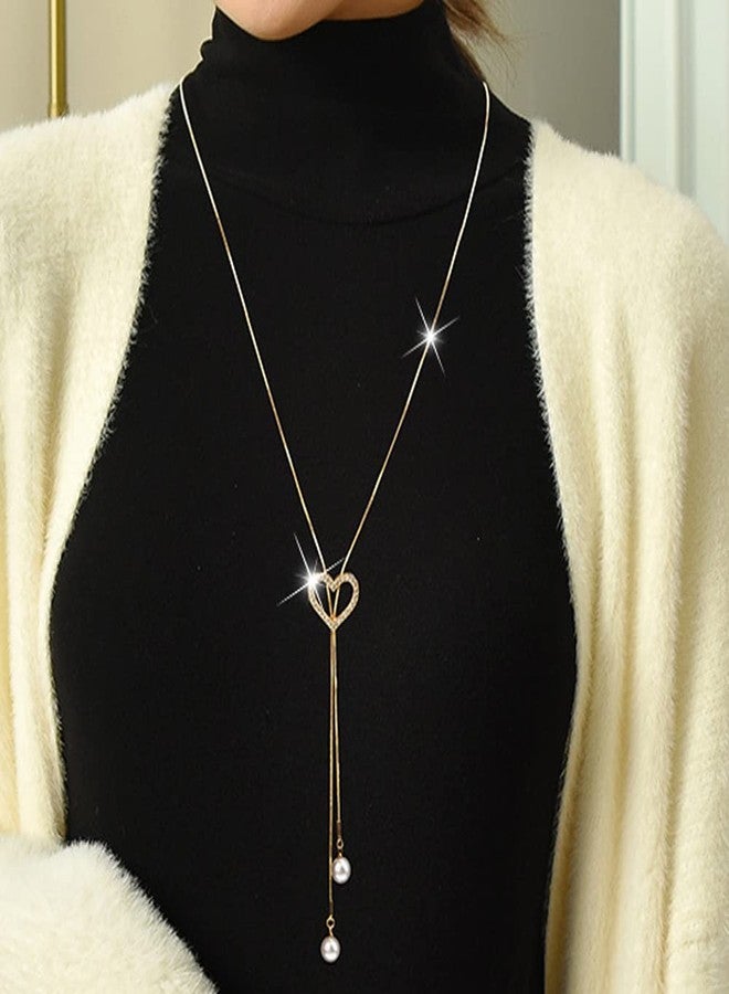 Wiwpar Plated Heart Dainty Pearl Pendant Necklace Crystal Heart Pearl Pendant Statement Long Sweater Chain Rhinestone Bar Y Lariat Necklace for Women Birthday (Gold) - Image 2