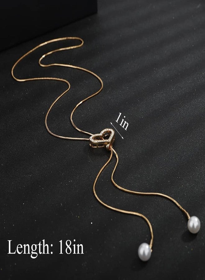 Wiwpar Plated Heart Dainty Pearl Pendant Necklace Crystal Heart Pearl Pendant Statement Long Sweater Chain Rhinestone Bar Y Lariat Necklace for Women Birthday (Gold) - Image 4