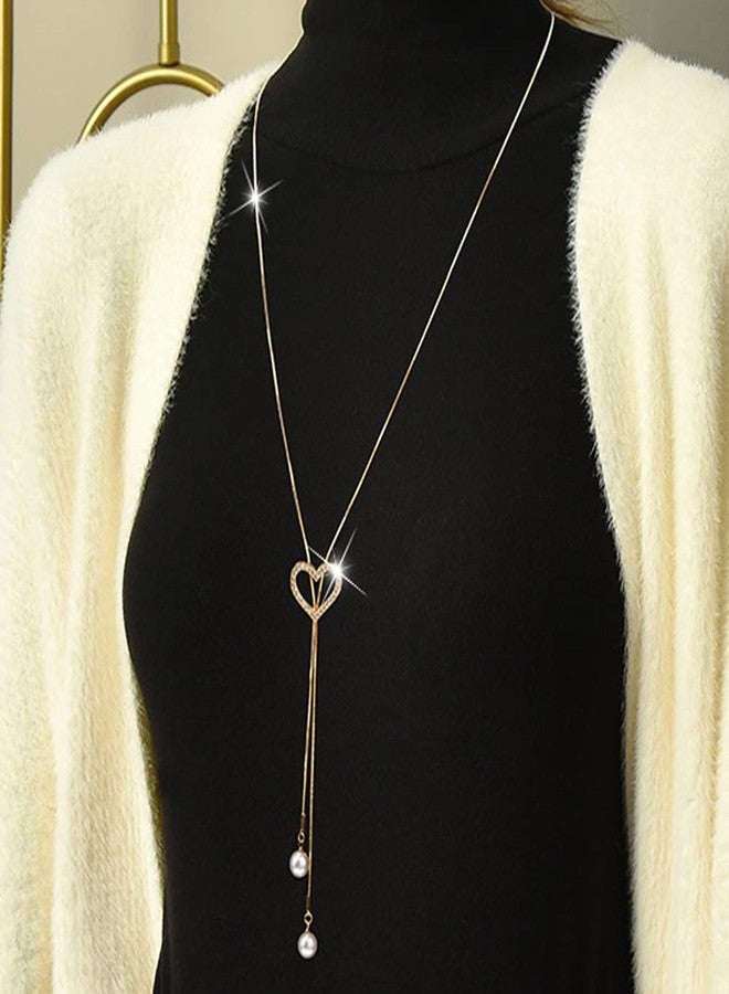 Wiwpar Plated Heart Dainty Pearl Pendant Necklace Crystal Heart Pearl Pendant Statement Long Sweater Chain Rhinestone Bar Y Lariat Necklace for Women Birthday (Gold) - Image 3
