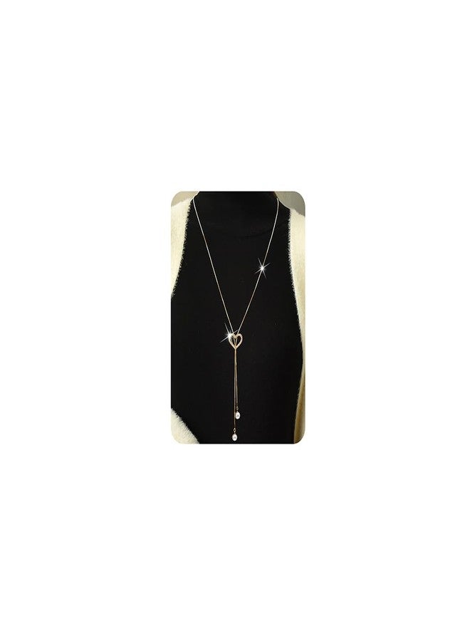 Wiwpar Plated Heart Dainty Pearl Pendant Necklace Crystal Heart Pearl Pendant Statement Long Sweater Chain Rhinestone Bar Y Lariat Necklace for Women Birthday (Gold) - Image 1