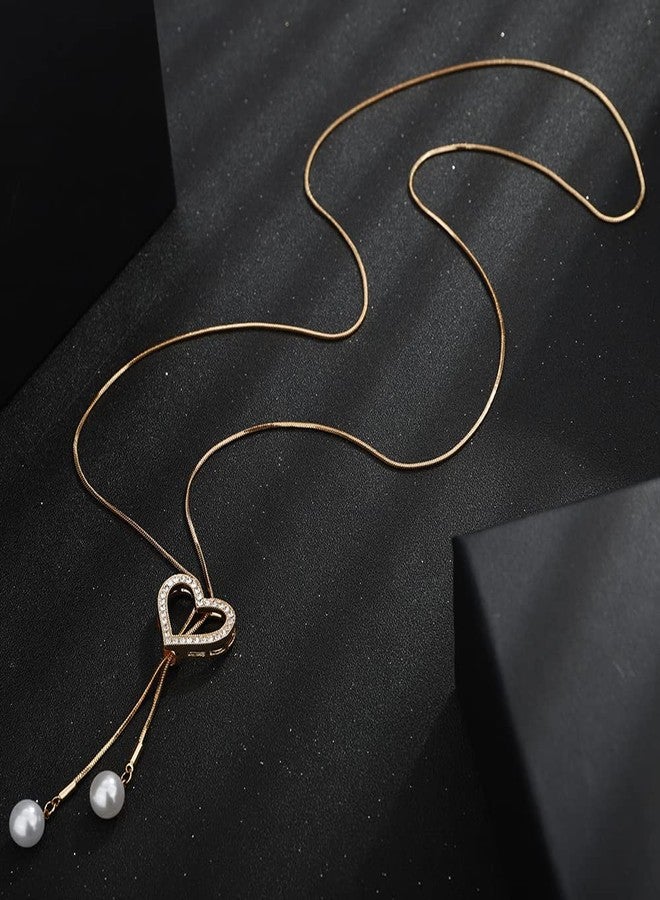 Wiwpar Plated Heart Dainty Pearl Pendant Necklace Crystal Heart Pearl Pendant Statement Long Sweater Chain Rhinestone Bar Y Lariat Necklace for Women Birthday (Gold) - Image 5