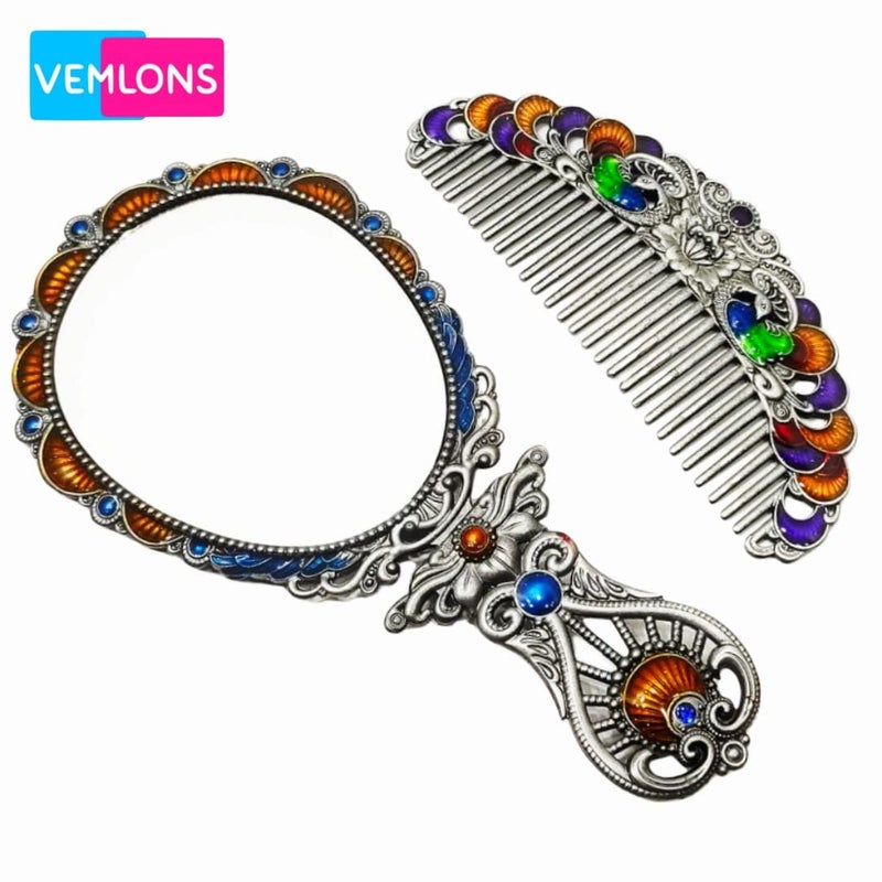Vemlons Vemlons Comb and Mirror Hand Mirror and Comb Set Makeup Mirror and Comb Large Silver Framed Tabletop Mount Portable Unique Design  - Image 2