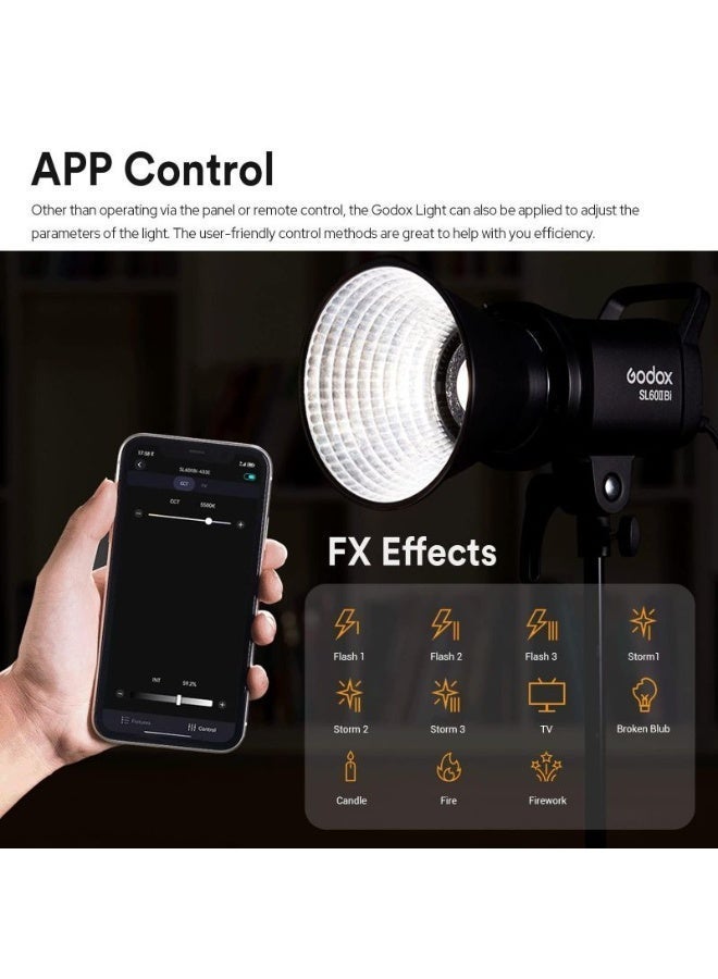 جودوكس إضاءة تصوير Godox SL60IIBI LED بقدرة 75 واط بدرجتي حرارة لون من 2800 إلى 6500 كلفن مع حامل Bowens ومعامل تجسيد ألوان 96 بلس للاستوديو - Image 3