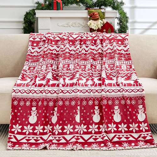 Edenleaf Christmas Blanket Soft Cozy Fleece Throws with Snowman Snowflake Reindeer and Xmas Trees Print Fuzzy Warm Christmas Throw Blanket for Couch Bed Holiday Decorations Gifts 60x80 Red - Image 3