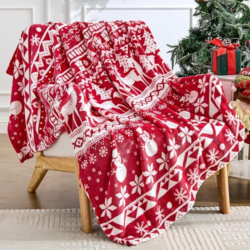 Edenleaf Christmas Blanket Soft Cozy Fleece Throws with Snowman Snowflake Reindeer and Xmas Trees Print Fuzzy Warm Christmas Throw Blanket for Couch Bed Holiday Decorations Gifts 60x80 Red - Image 1
