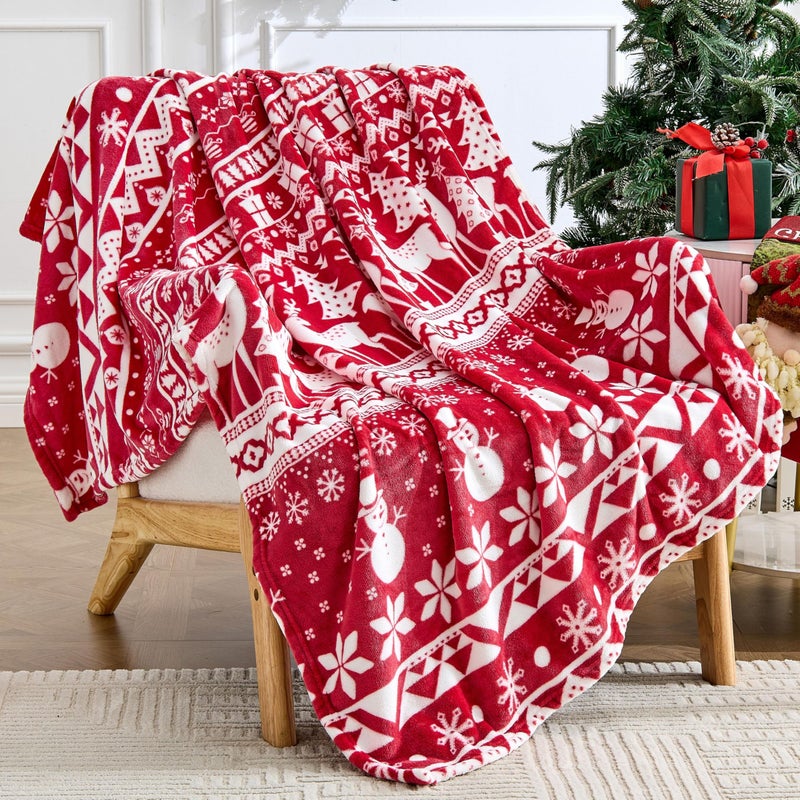 Edenleaf Christmas Blanket Soft Cozy Fleece Throws with Snowman Snowflake Reindeer and Xmas Trees Print Fuzzy Warm Christmas Throw Blanket for Couch Bed Holiday Decorations Gifts 60x80 Red - Image 2