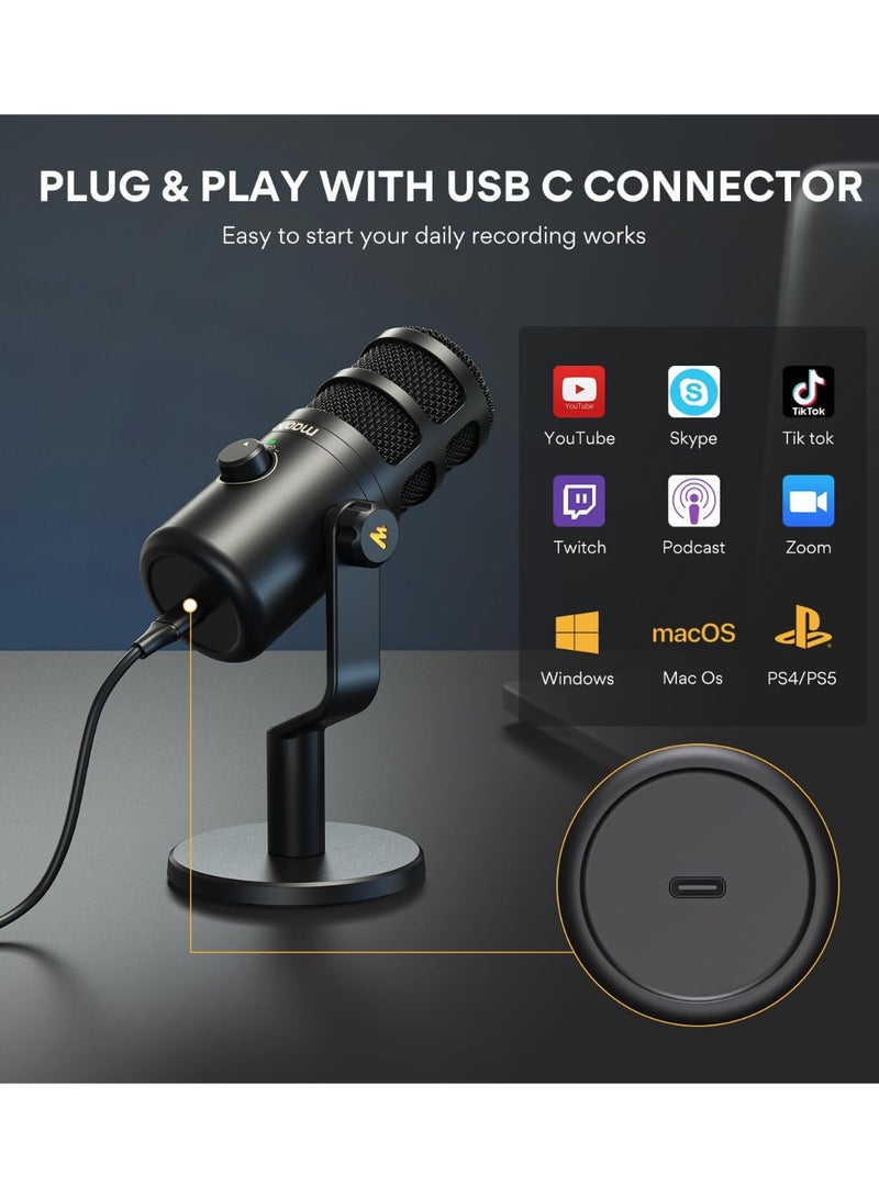 ماونو ميكروفون ديناميكي USB PD100U، ميكروفون تسجيل بودكاست مع مقبض كسب، توصيل وتشغيل، هيكل معدني، تقنية عزل الصوت، ميكروفون استوديو قلبي للكمبيوتر الشخصي للبث الصوتي والاستوديو المنزلي - Image 2