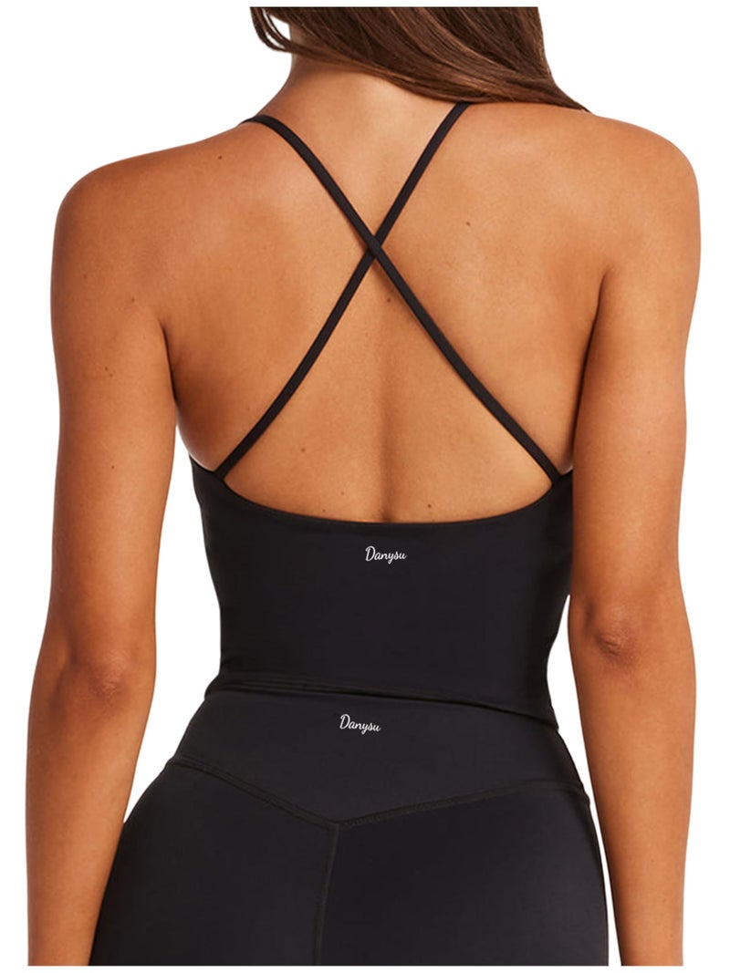Danysu Sculpt Workout Tank Tops Women Longline Sports Bras Workout Tops for Women Light Support Strappy Padded Yoga Top Scoop Neck Black L - Image 1