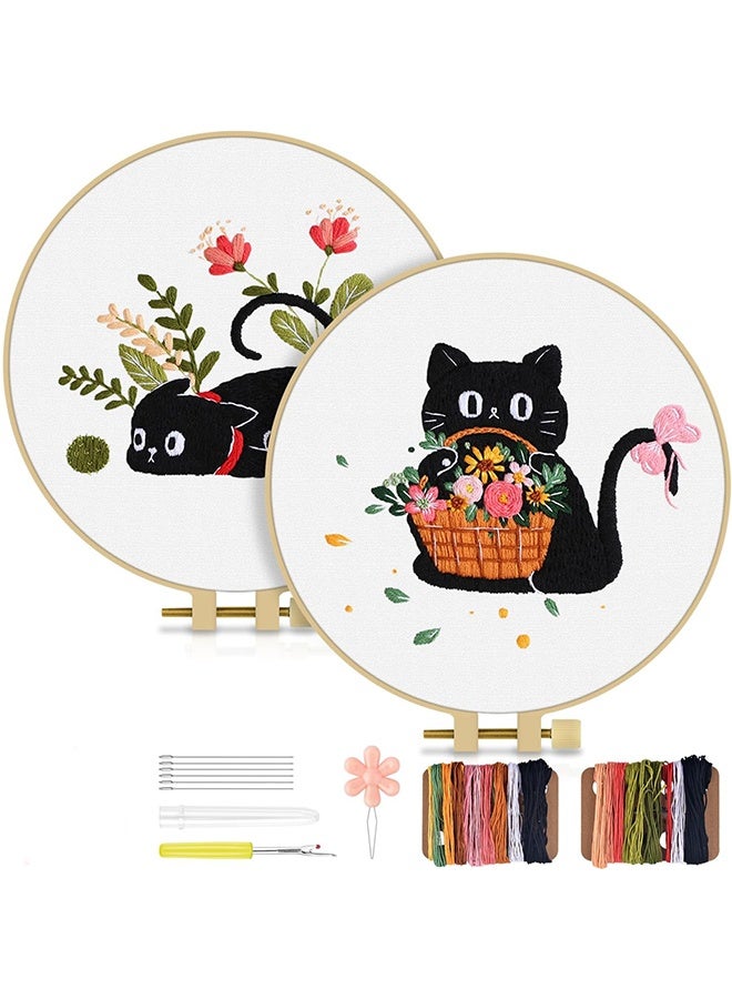 Lemon 2 Pack Embroidery Kit for Adult Beginners, Embroidery DIY Starter Kit, with Black Cat and Flowers Stamped Patterns, Hoop, Tools, Colorful Threads with Needles, Instructions - Image 1