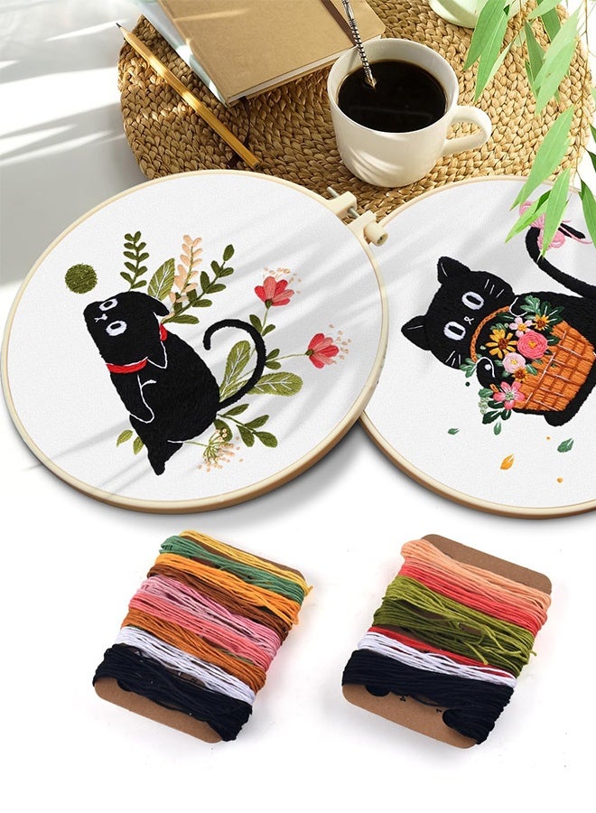 Lemon 2 Pack Embroidery Kit for Adult Beginners, Embroidery DIY Starter Kit, with Black Cat and Flowers Stamped Patterns, Hoop, Tools, Colorful Threads with Needles, Instructions - Image 2