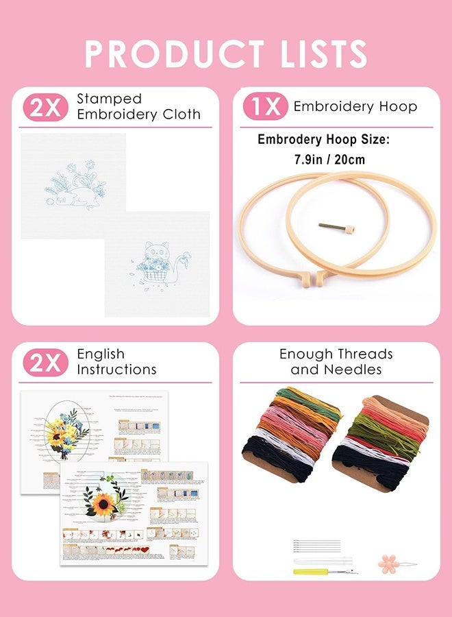Lemon 2 Pack Embroidery Kit for Adult Beginners, Embroidery DIY Starter Kit, with Black Cat and Flowers Stamped Patterns, Hoop, Tools, Colorful Threads with Needles, Instructions - Image 3