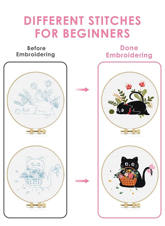 Lemon 2 Pack Embroidery Kit for Adult Beginners, Embroidery DIY Starter Kit, with Black Cat and Flowers Stamped Patterns, Hoop, Tools, Colorful Threads with Needles, Instructions - Image 4