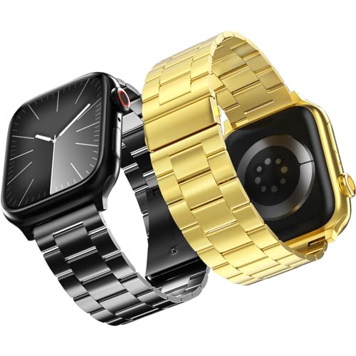 Snyeest 2Pack Compatible for Apple Watch Band 49mm 46mm 45mm 44mm 42mm Stainless Steel Replacement Strap Metal Bands for iWatch Ultra 321 Series 1110987654321SESE2SE3 Women MenBlackGold - Image 1