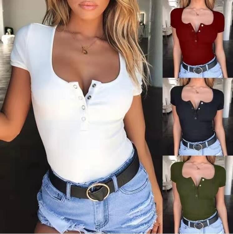 2023 New slim fit fashion U-neck pullover solid color T-shirt for women - Image 2