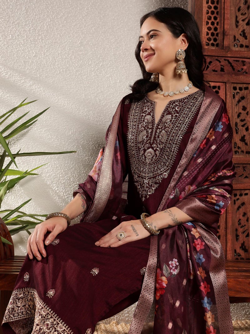 SHOPPING QUEEN Women's Vichitra Silk Embroidered Kurta Set with Dupatta (A657_Dark Wine_M) - Image 4