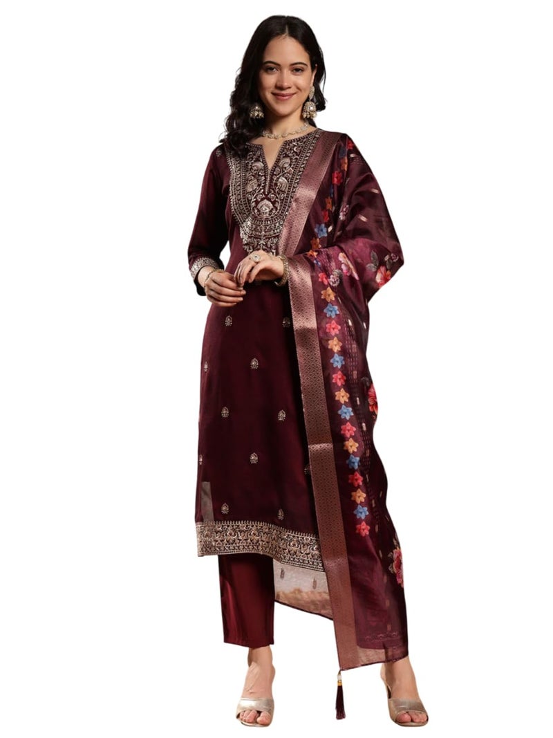 SHOPPING QUEEN Women's Vichitra Silk Embroidered Kurta Set with Dupatta (A657_Dark Wine_M) - Image 1