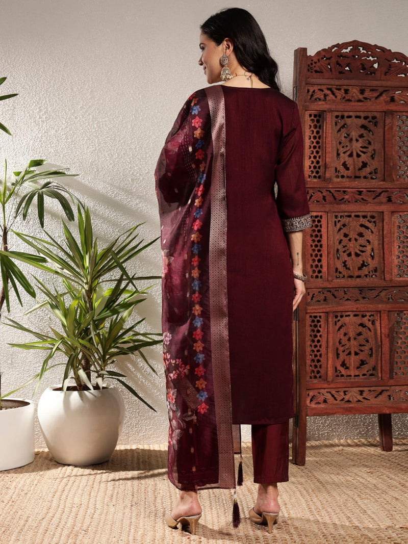 SHOPPING QUEEN Women's Vichitra Silk Embroidered Kurta Set with Dupatta (A657_Dark Wine_M) - Image 2
