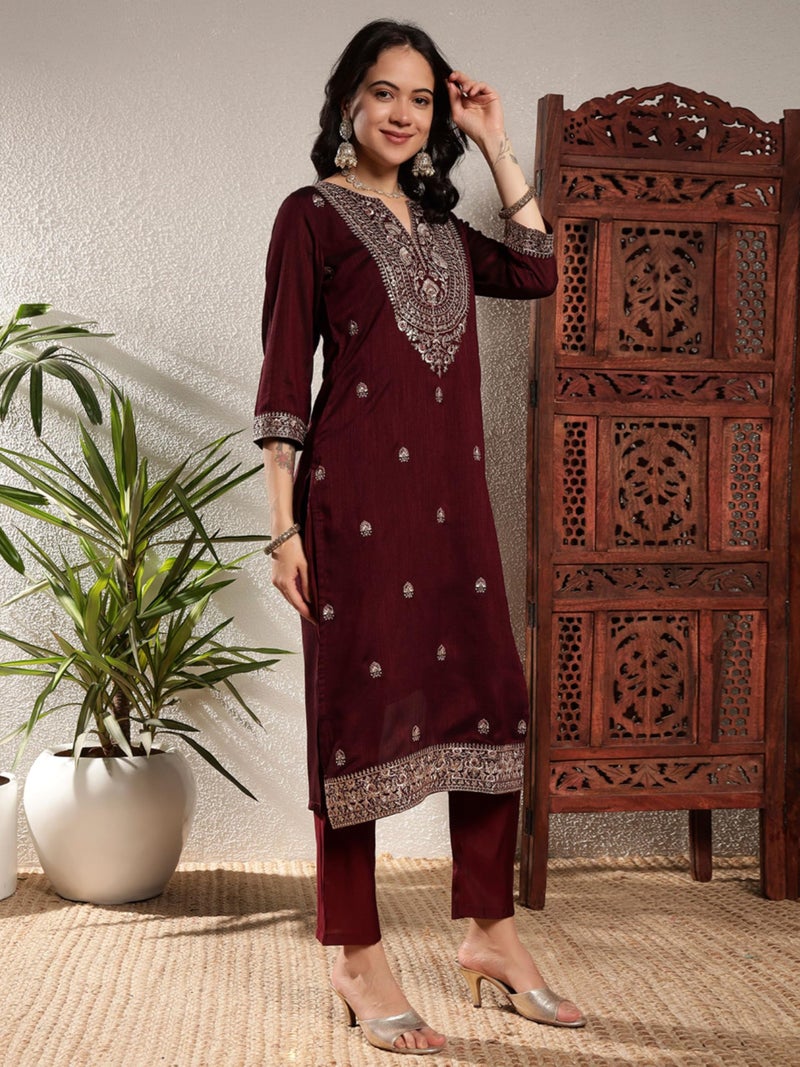 SHOPPING QUEEN Women's Vichitra Silk Embroidered Kurta Set with Dupatta (A657_Dark Wine_M) - Image 3