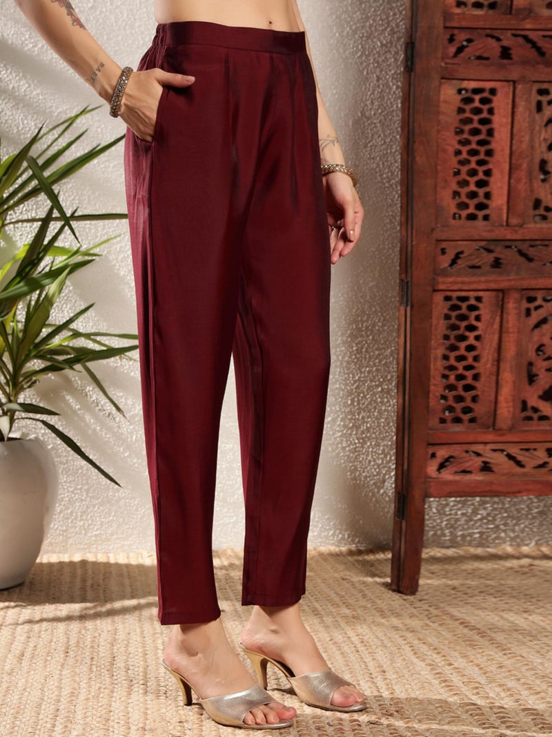 SHOPPING QUEEN Women's Vichitra Silk Embroidered Kurta Set with Dupatta (A657_Dark Wine_M) - Image 5