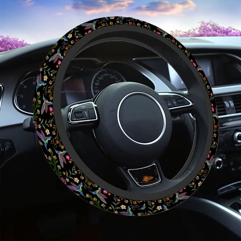 Swono Hummingbirds and Flower Car Steering Wheel Covers for Men Women,Hummingbirds Flowers Embroidery Car Accessories Decor 15" Steering Wheel Cushions Comfort Grip Neoprene Stretch-On Anti-Slip Case