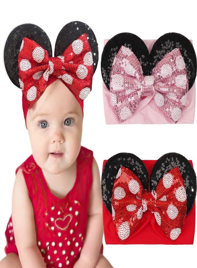 BBgifts طقم من 2 قطعة من أربطة رأس كبيرة على شكل أذن فأر للبنات مع رباط لامع، رباط شعر واسع من النايلون، ملابس رأس لحديقة الألعاب، رباط شعر مزين للأطفال، مستلزمات الحفلات - Image 1
