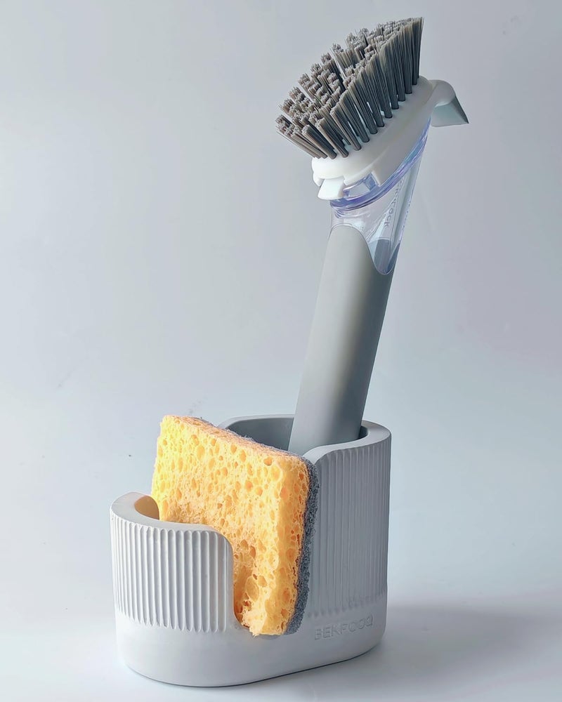 BekPooQ 2-in-1 Diatomite Sponge Holder for Kitchen Sink, Quick-Drying Sponge and Dish Brush Holder, Absorbent Stone Sink Caddy Organizer, Light-Gray - Image 1