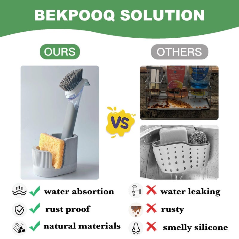 BekPooQ 2-in-1 Diatomite Sponge Holder for Kitchen Sink, Quick-Drying Sponge and Dish Brush Holder, Absorbent Stone Sink Caddy Organizer, Light-Gray - Image 3