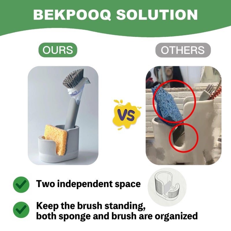 BekPooQ 2-in-1 Diatomite Sponge Holder for Kitchen Sink, Quick-Drying Sponge and Dish Brush Holder, Absorbent Stone Sink Caddy Organizer, Light-Gray - Image 4