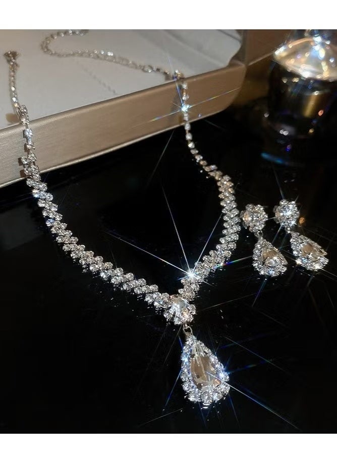 3-piece elegant silver women's prom jewelry set - rhinestone necklace, earrings and bracelet - women's clavicle necklace, bridal accessories, teardrop-shaped crystal evening dress accessories - Image 3