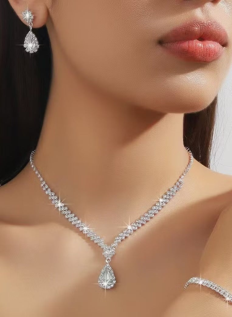 3-piece elegant silver women's prom jewelry set - rhinestone necklace, earrings and bracelet - women's clavicle necklace, bridal accessories, teardrop-shaped crystal evening dress accessories - Image 1
