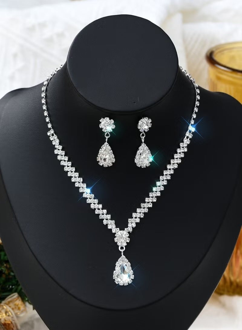 3-piece elegant silver women's prom jewelry set - rhinestone necklace, earrings and bracelet - women's clavicle necklace, bridal accessories, teardrop-shaped crystal evening dress accessories - Image 4